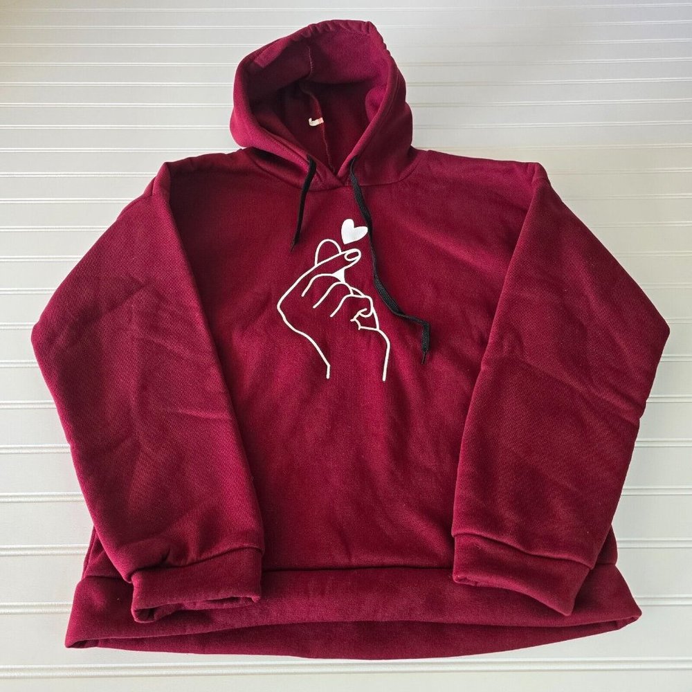 Finger Heart Sweatshirt Hoodie Unisex Size XXL Teen Burgundy Graphic Pullover